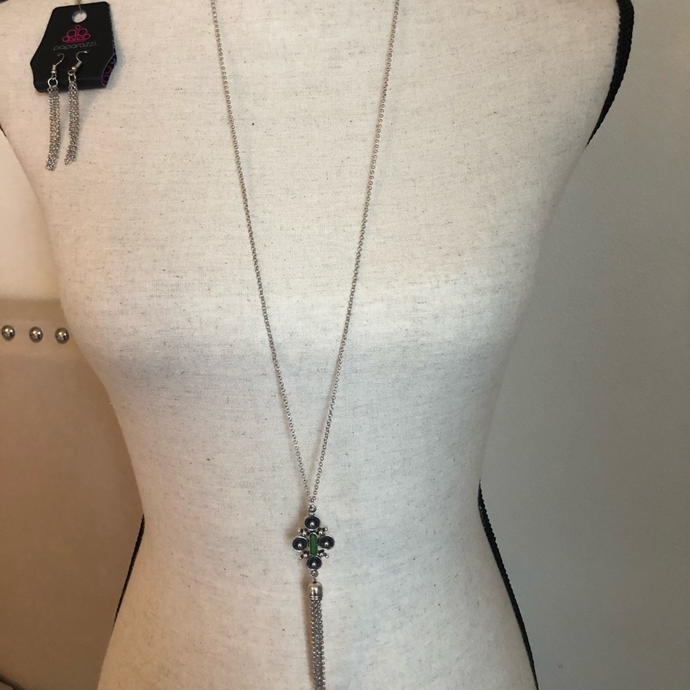 Aztec inspired long necklace and earrings